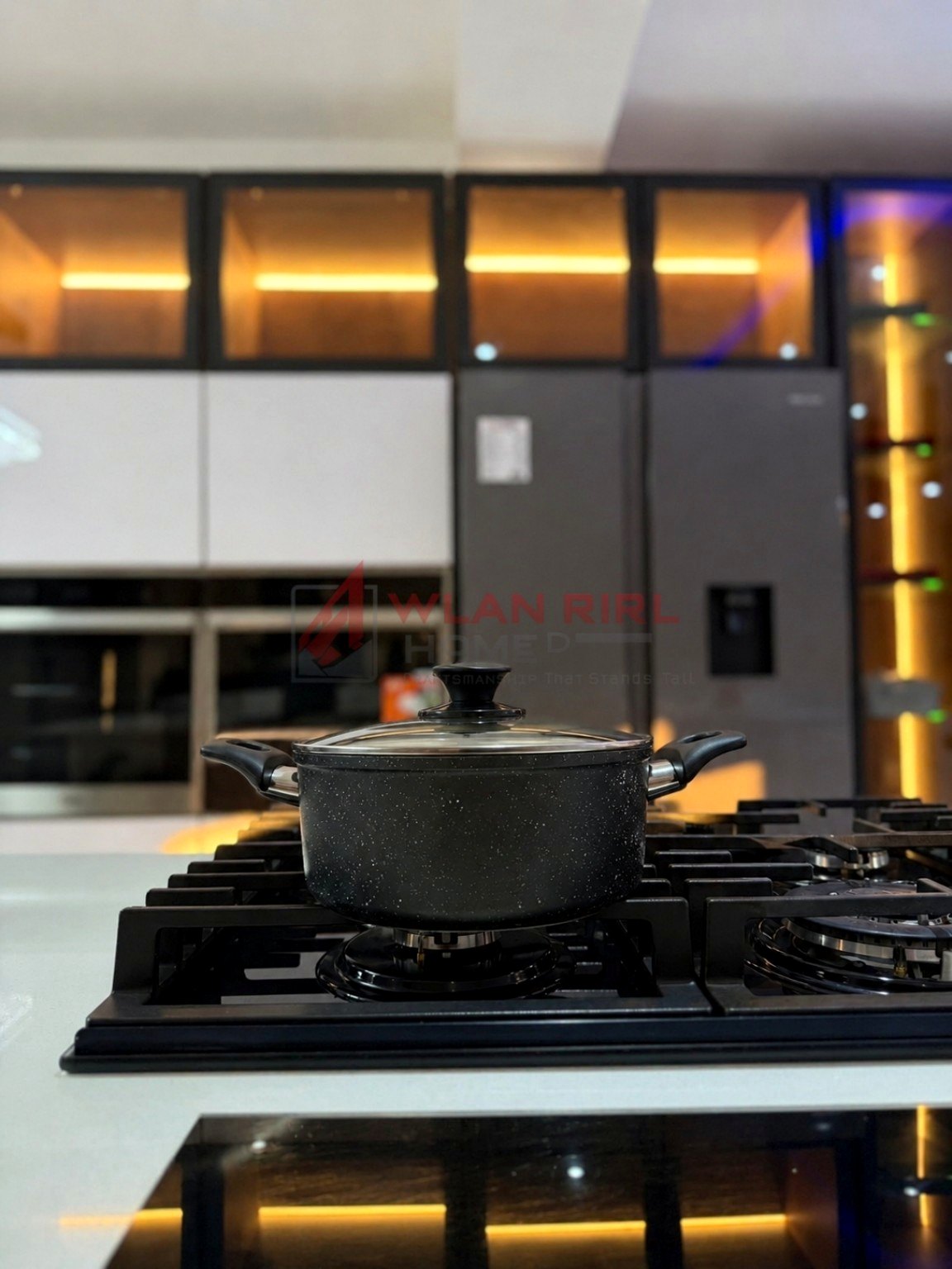 Close-up of cooktop set into kitchen counter