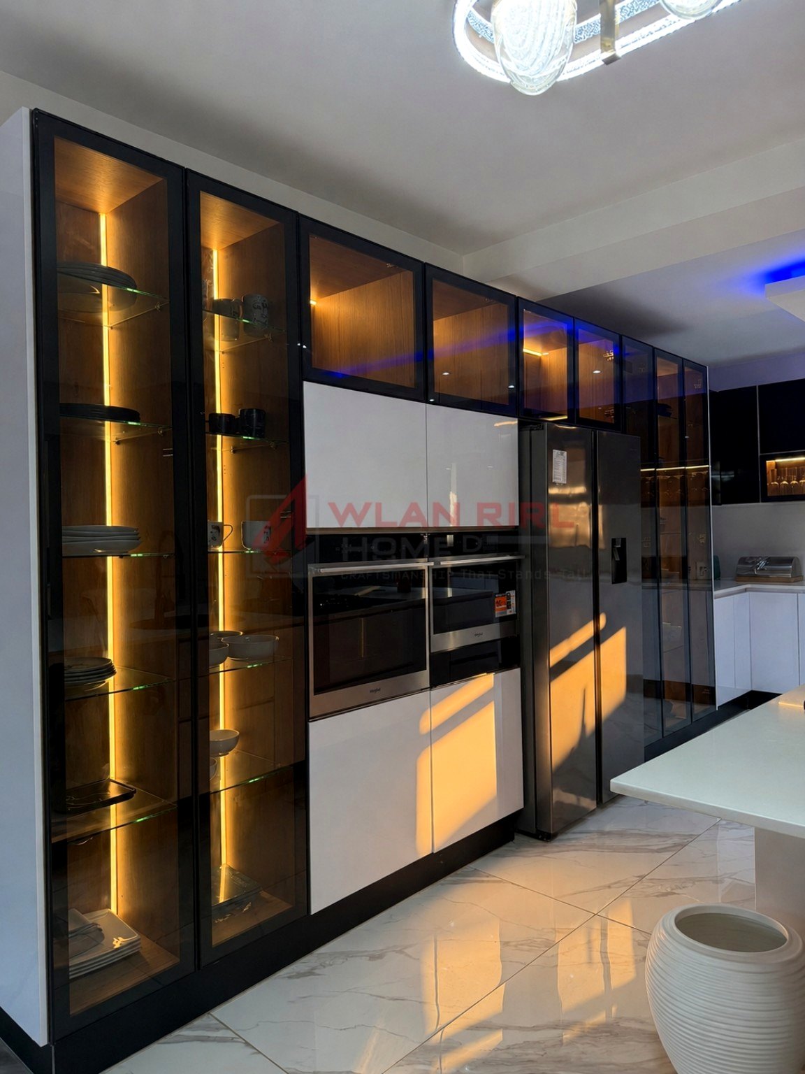 Illuminated display cabinets and integrated kitchen appliances