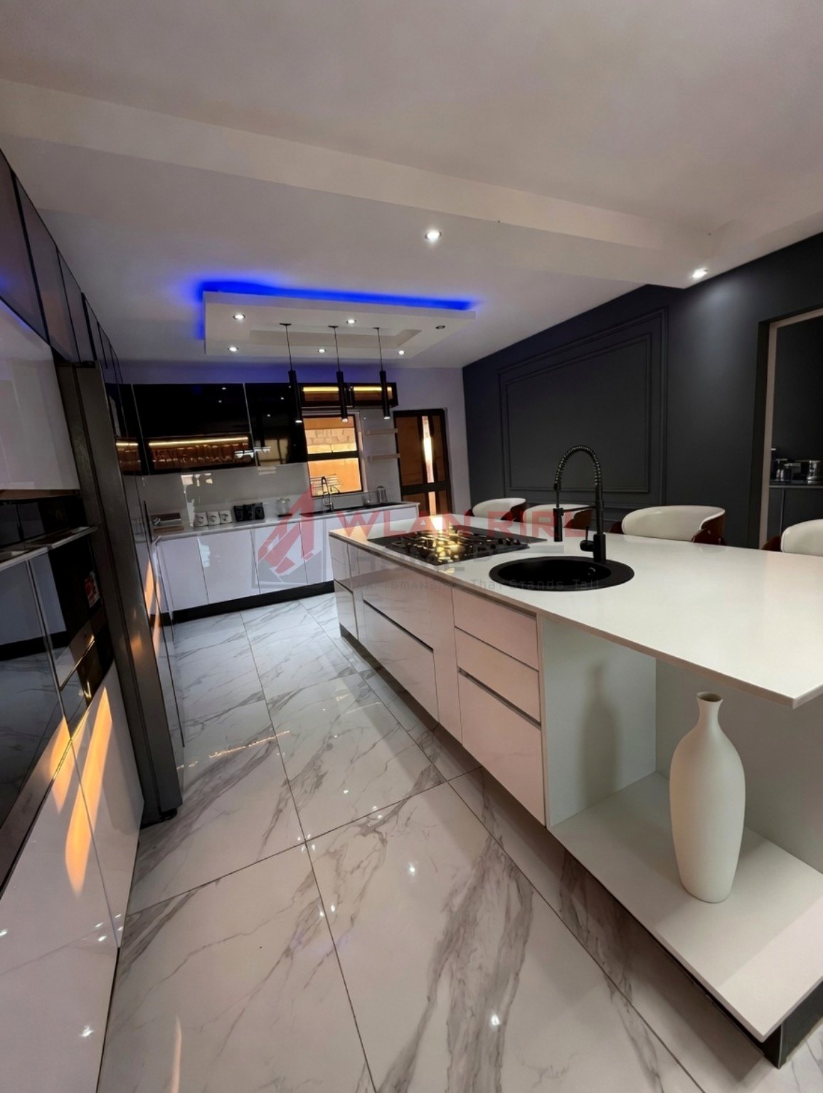Modern kitchen with white island and custom cabinetry